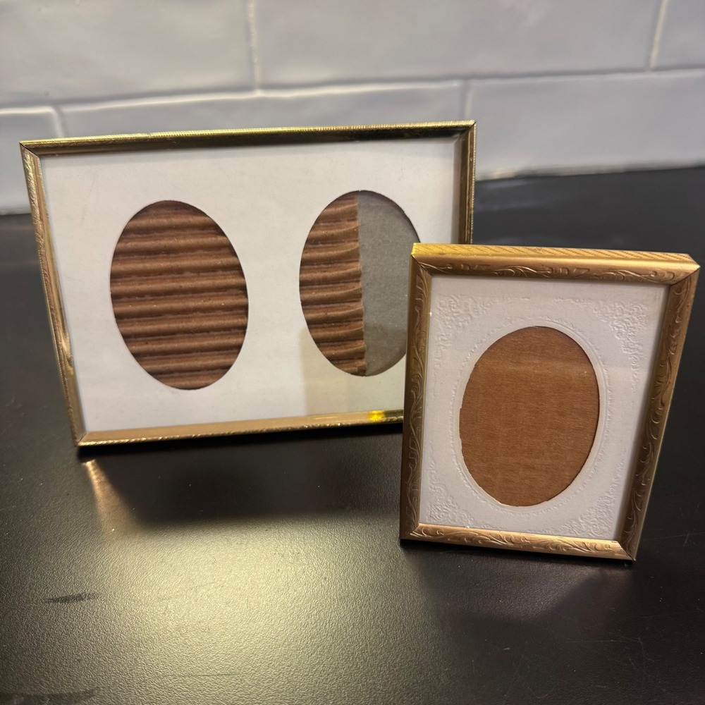 Vintage Gold Metal Oval Double and Single Picture Frame Set Small Gold Mat 2pc